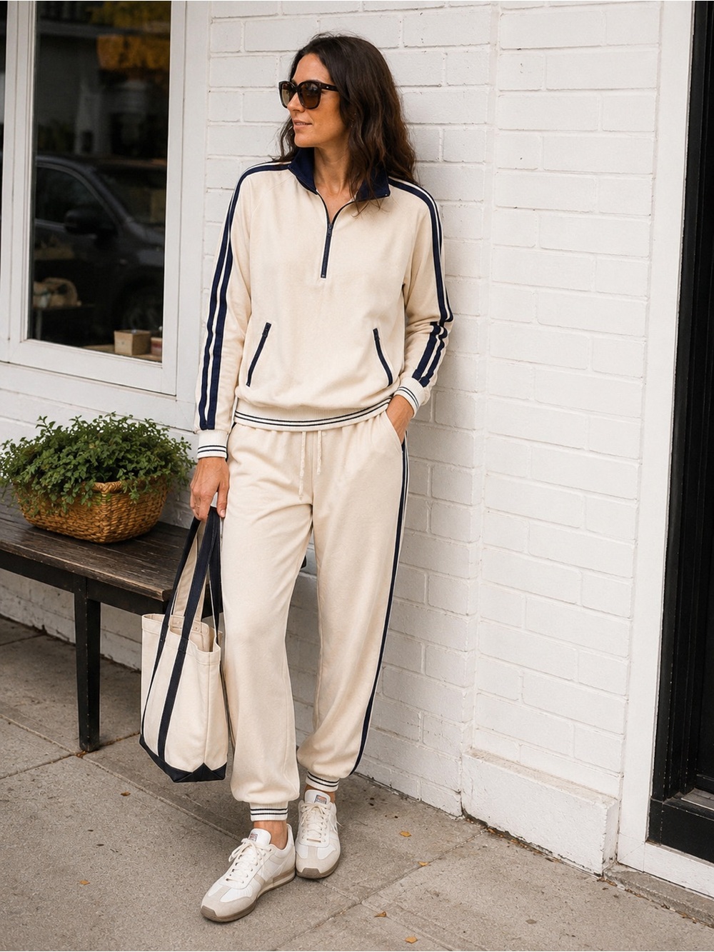 Cream Track Joggers with Navy Stripe Detail